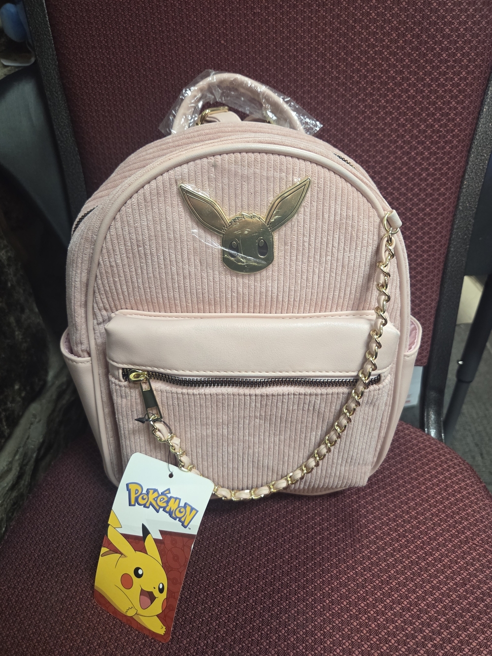 Pokemon Eevee Light Pink Corduroy Mini Backpack with Gold Chain